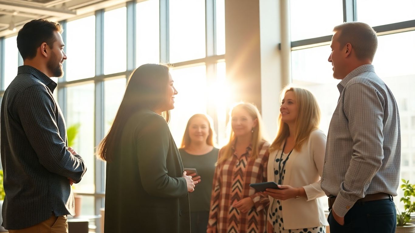 People collaborating in a bright, modern office.