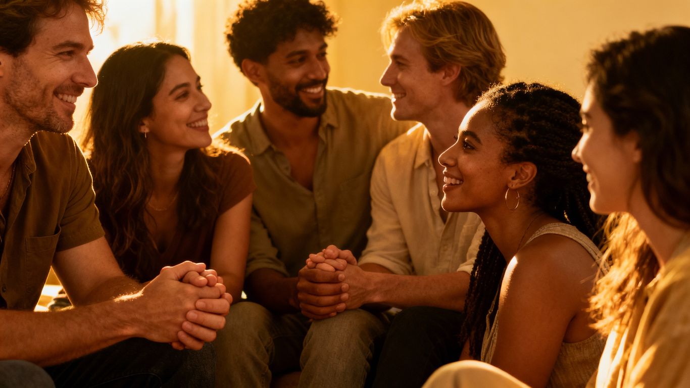 Diverse group in a warm setting, connecting openly.