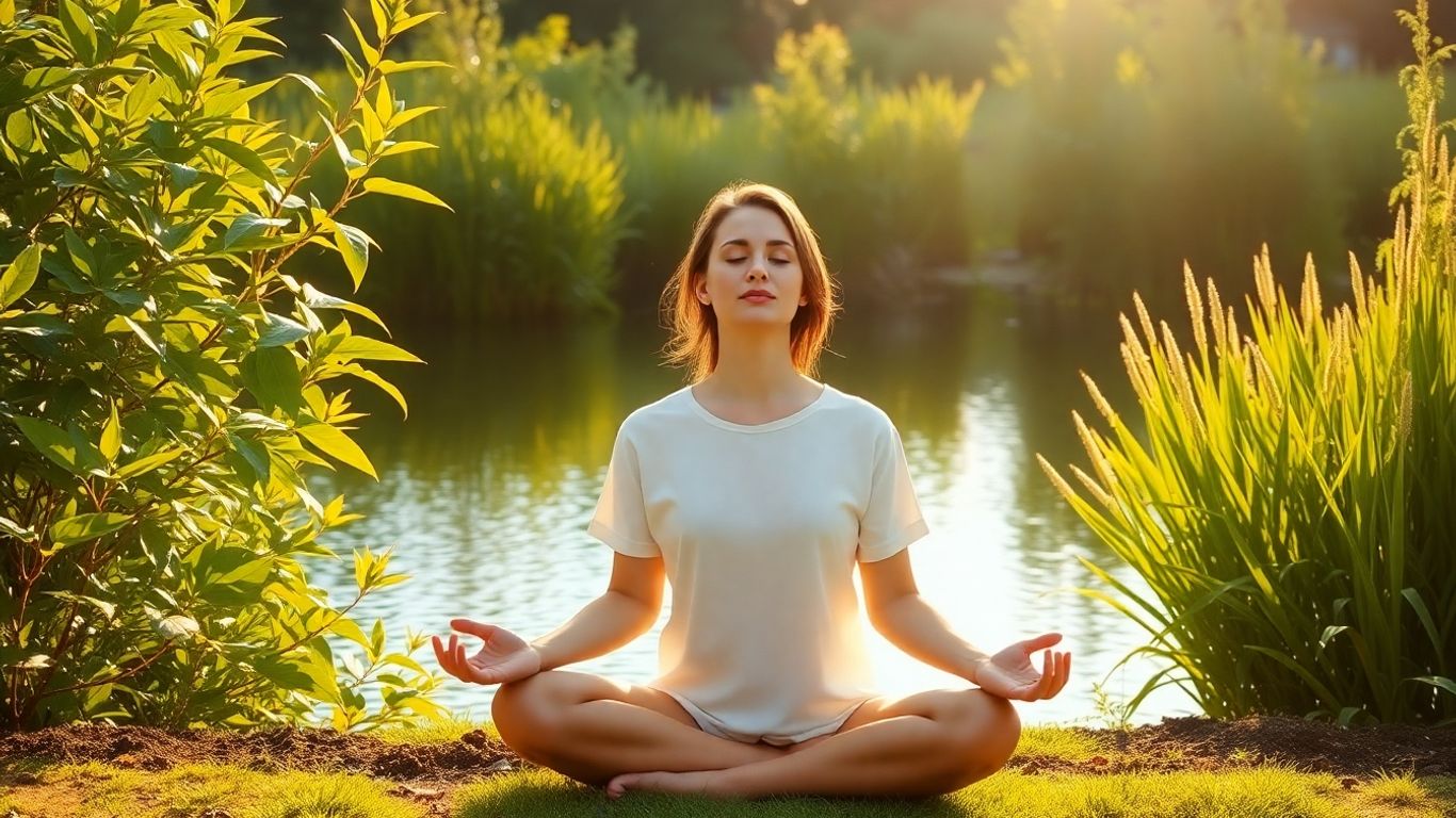Person meditating peacefully outdoors in nature.