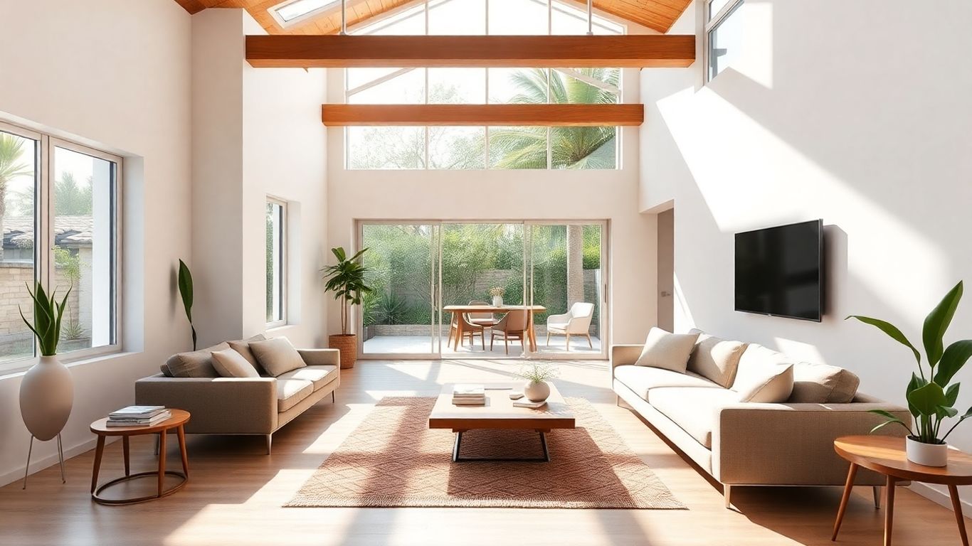 Casa moderna con luz natural y decoración elegante.