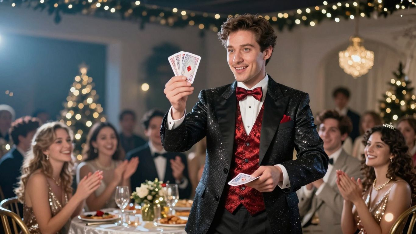 Magician performing a card trick at a holiday party.
