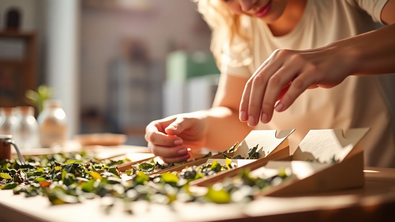 Person packaging artisanal tea leaves for online sale.