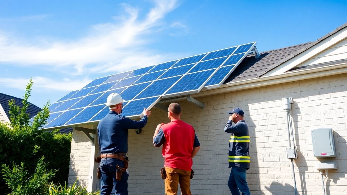 Panneaux solaires installés et techniciens raccordement Enedis maison