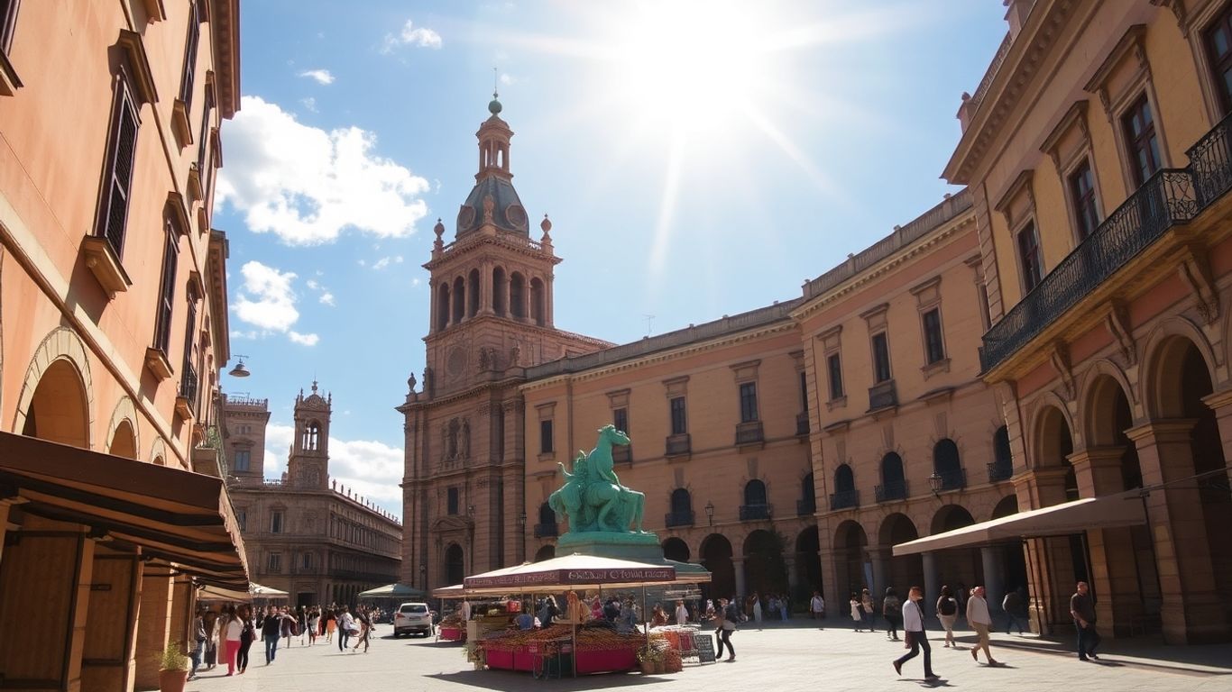 Salamanca plaza with historic buildings and market stalls.