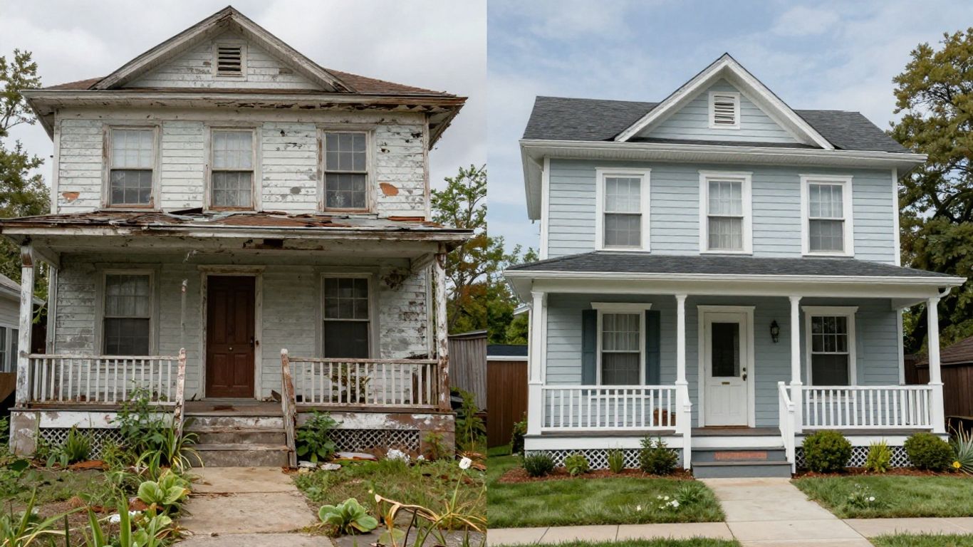 Before and after of a house renovation.