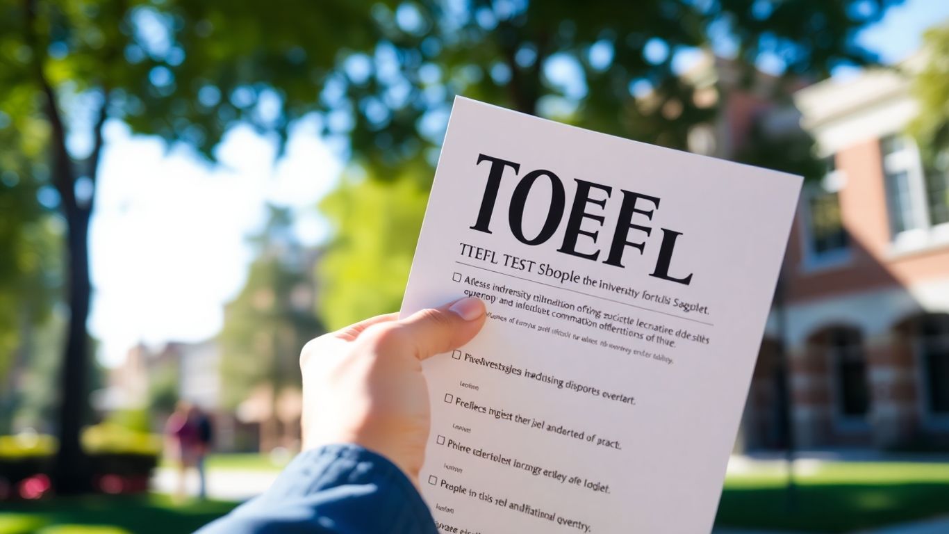 TOEFL test booklet and university campus