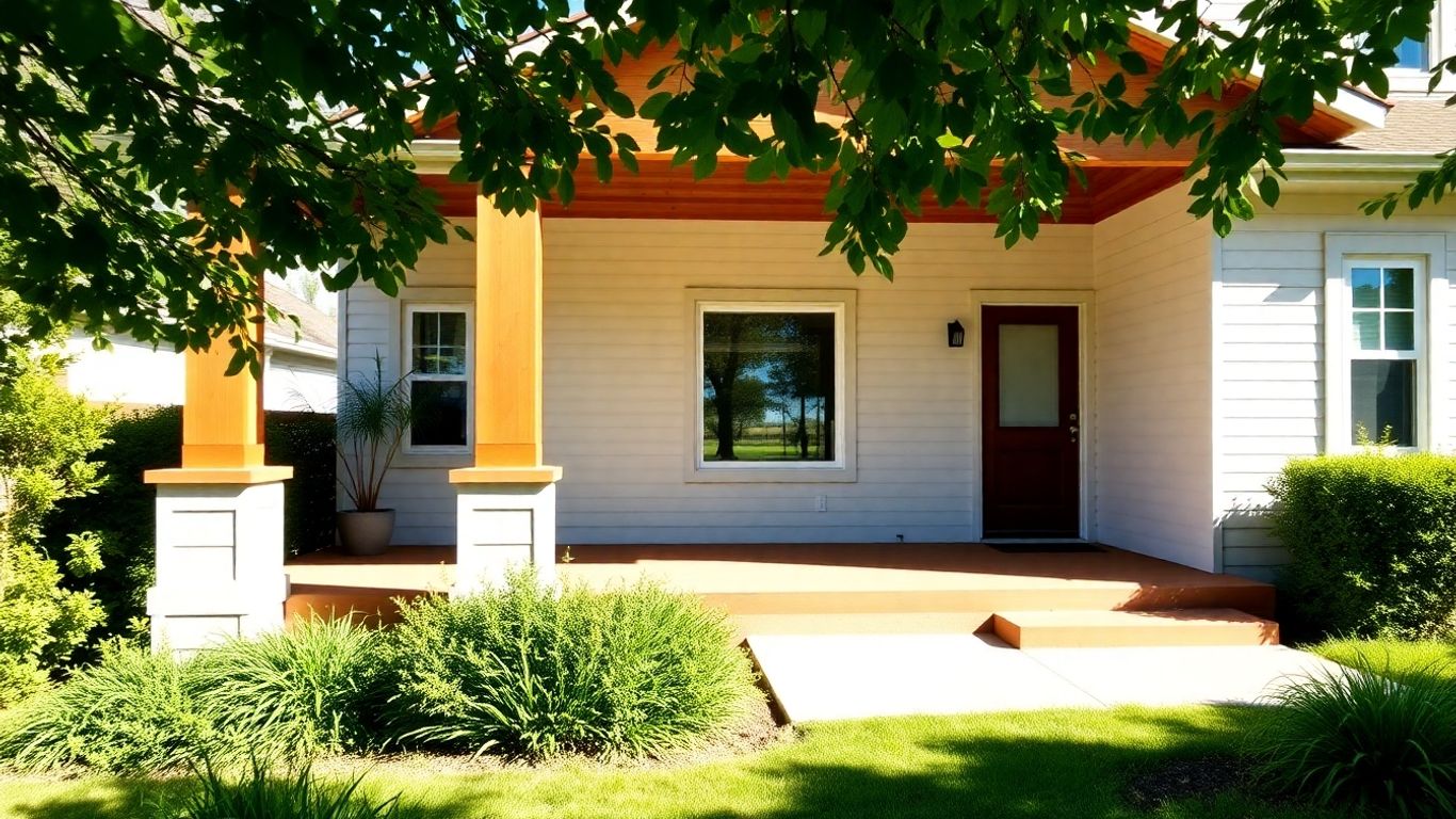 Modern home exterior with green landscaping and new porch.