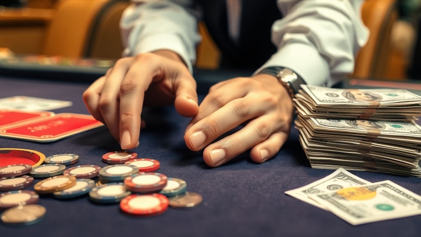 Gambling chips and money on a casino table.