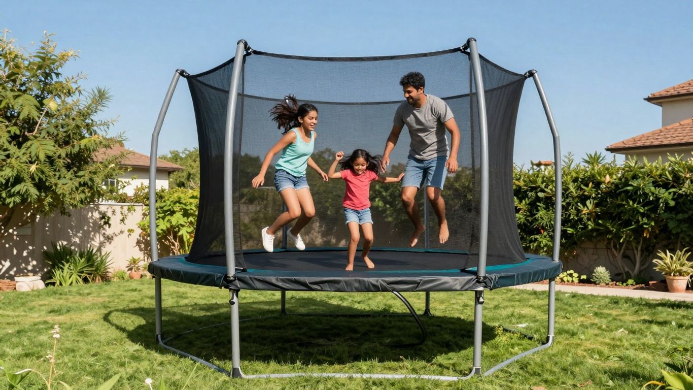 Family enjoying a trampoline in a backyard.