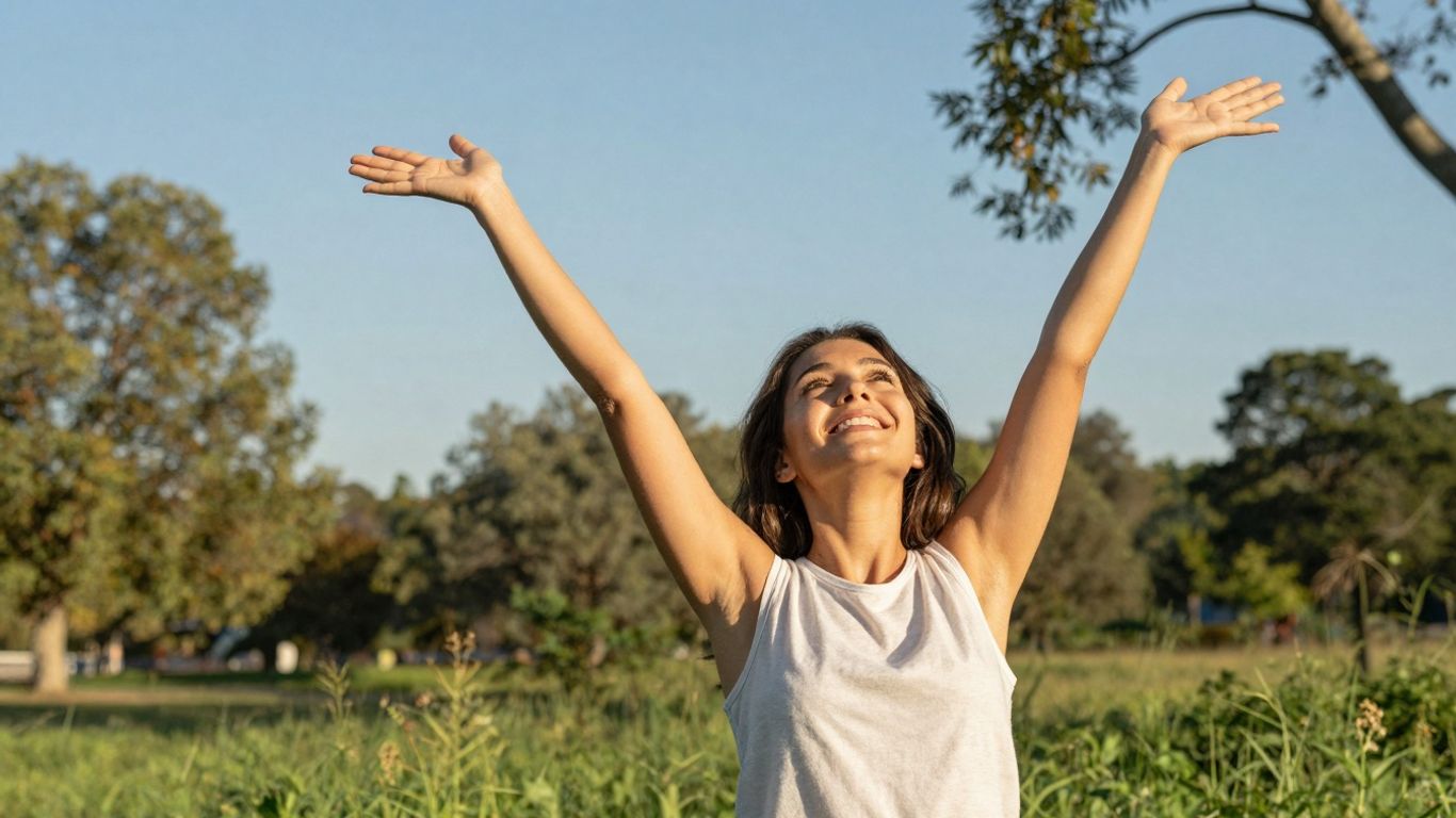 Person celebrating a joyful moment outdoors.