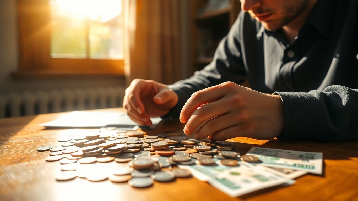 Person planning finances with coins and banknotes.
