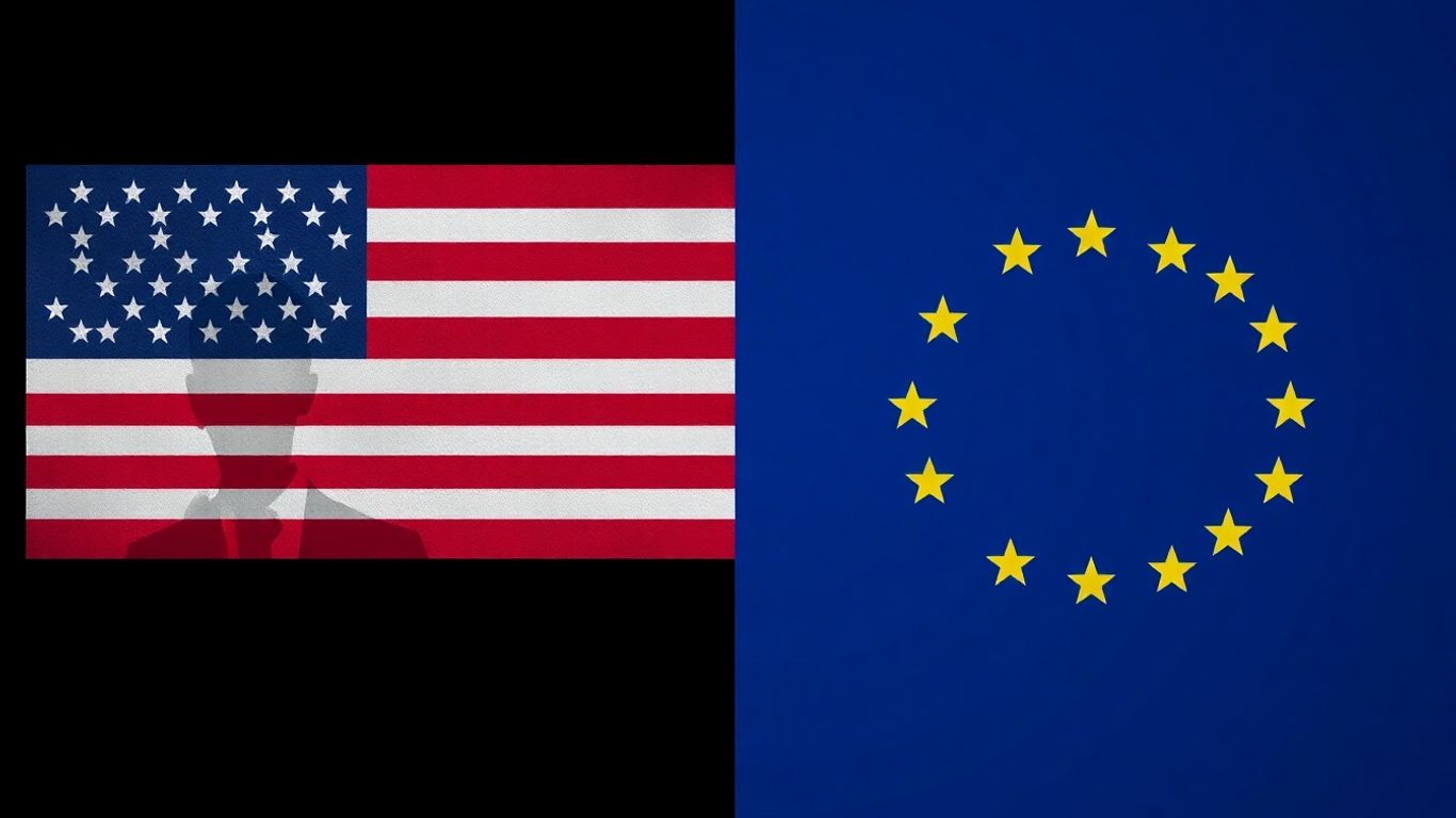 US- und EU-Geschäftsmann mit Flaggen-Hintergrund