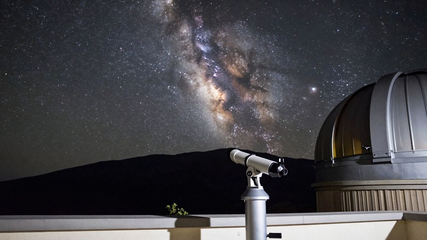Night sky over Troodos Mountains with telescope