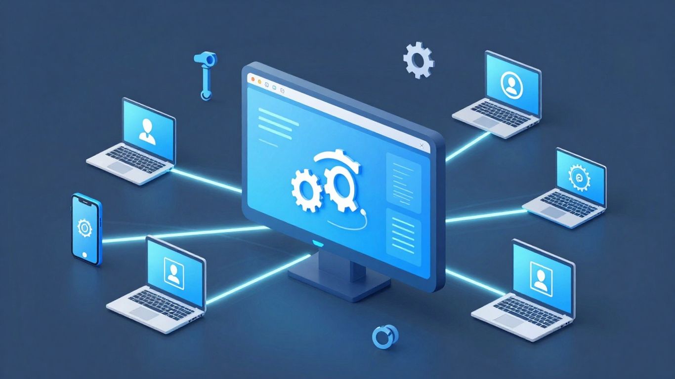 Remote IT support infographic with connected devices and tools.