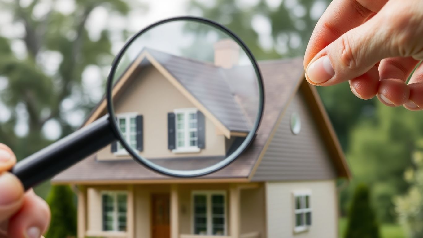 Casa con lupa y mano ajustando seguro.