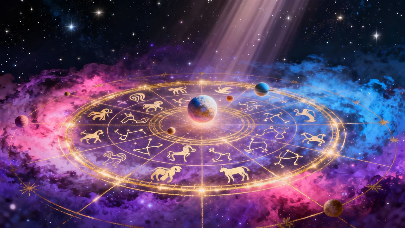 Intricate astrological chart with celestial background.