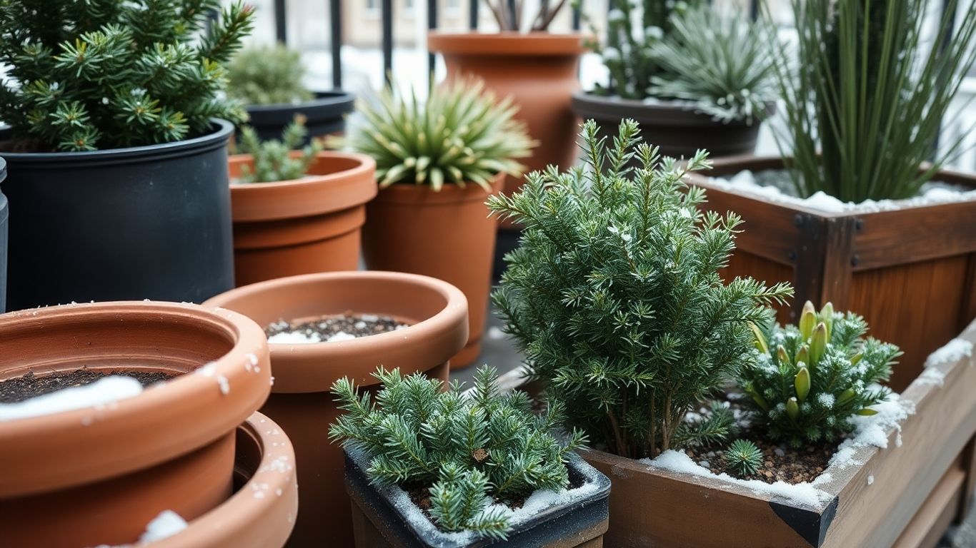 Winterliche Pflanzgefäße für Stadtgärten auf einem Balkon.