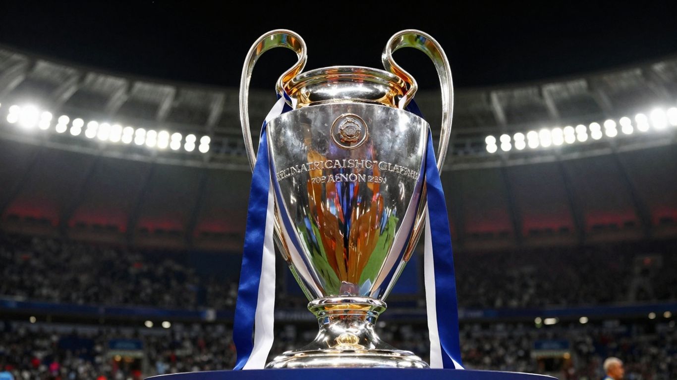 Champions League trophy with stadium lights in background