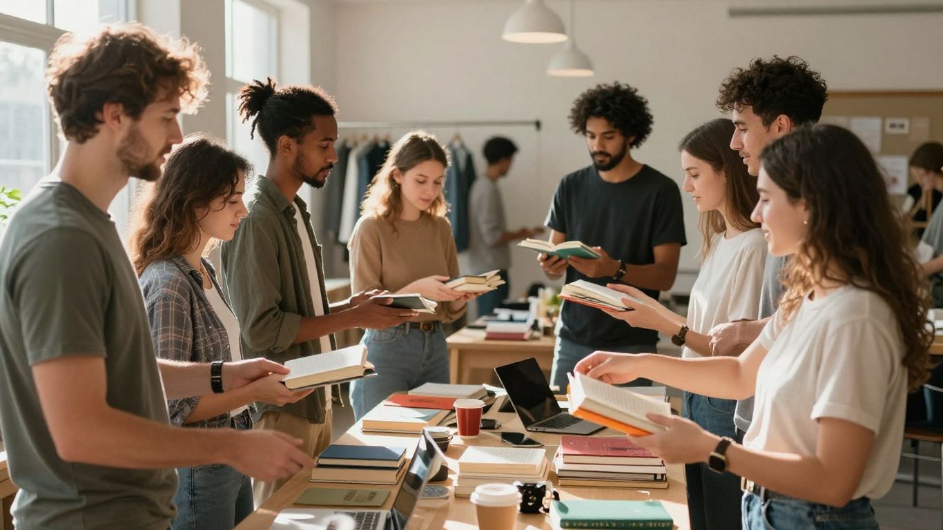 Menschen tauschen Gegenstände in einem Gemeinschaftsraum