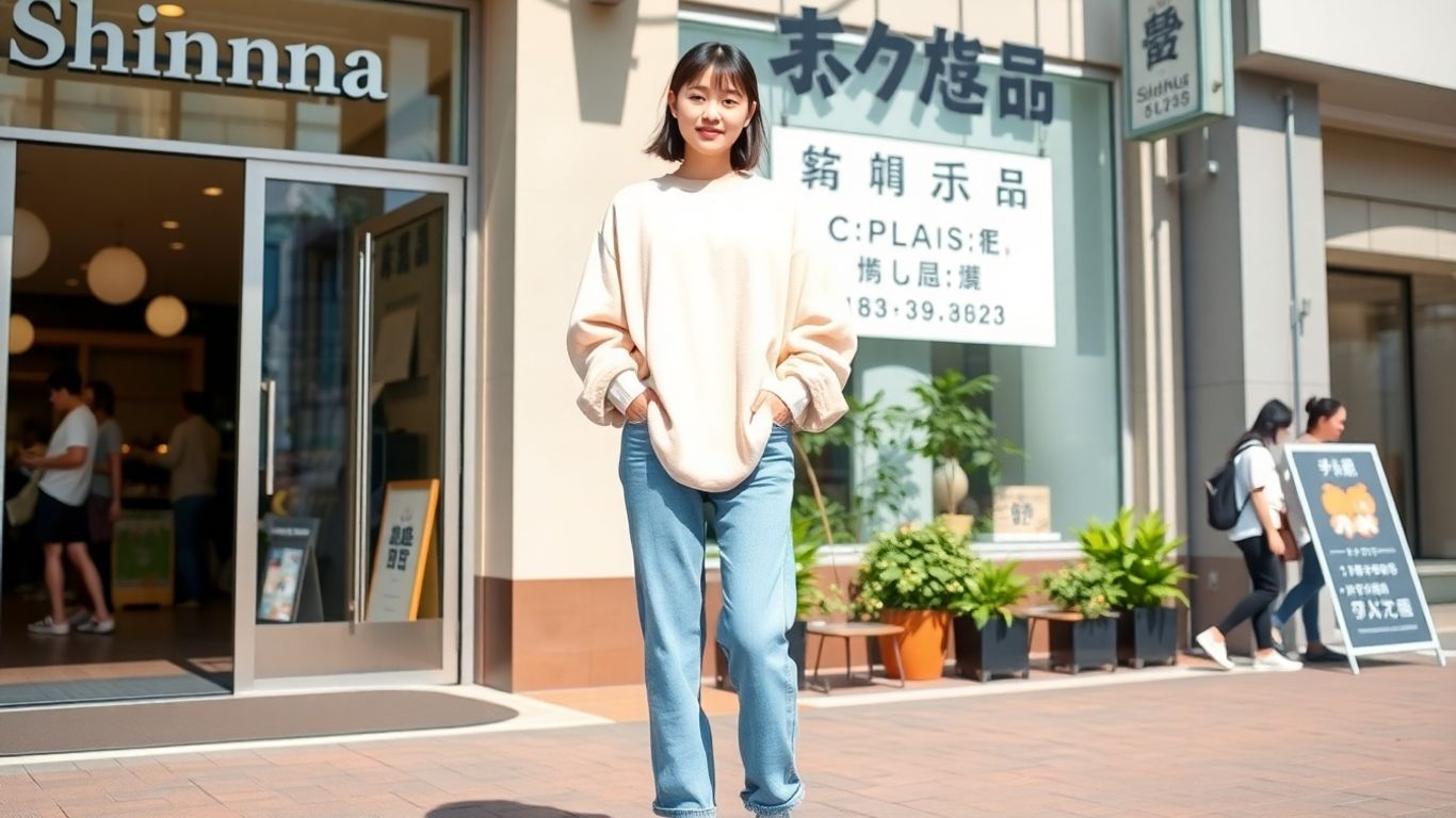 Young woman in casual Japanese street fashion at Shimamura