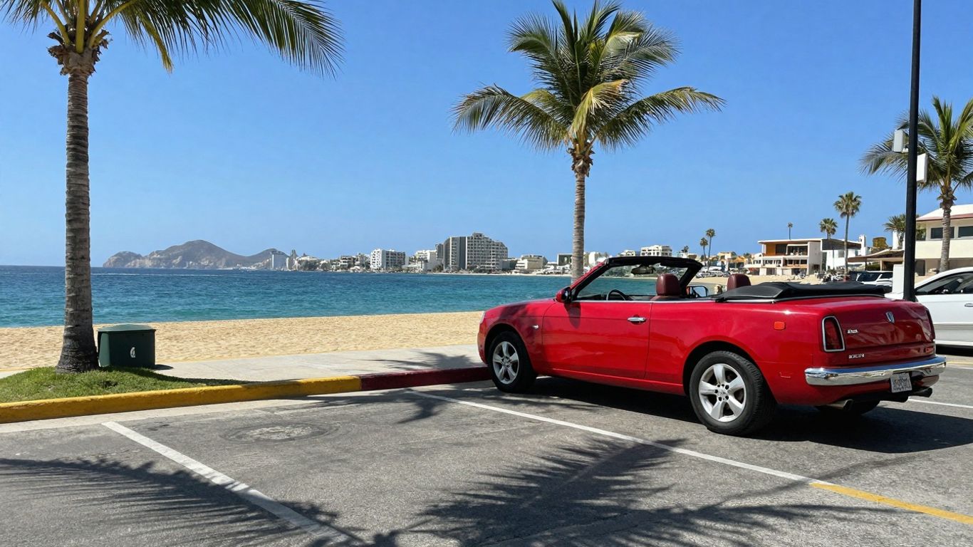 Rental car parked on a sunny Cabo street near a beach.