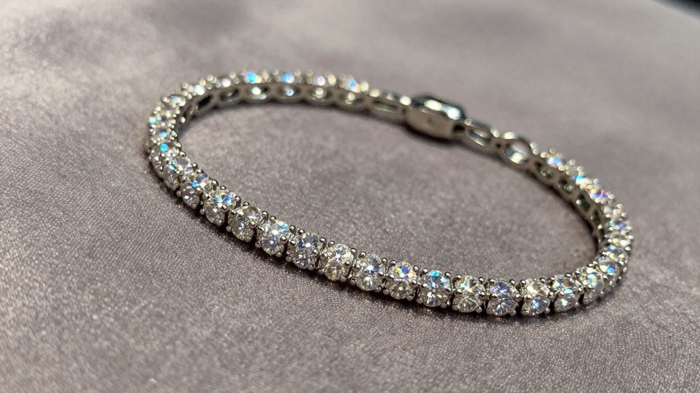 Sparkling diamond tennis bracelet on fabric.