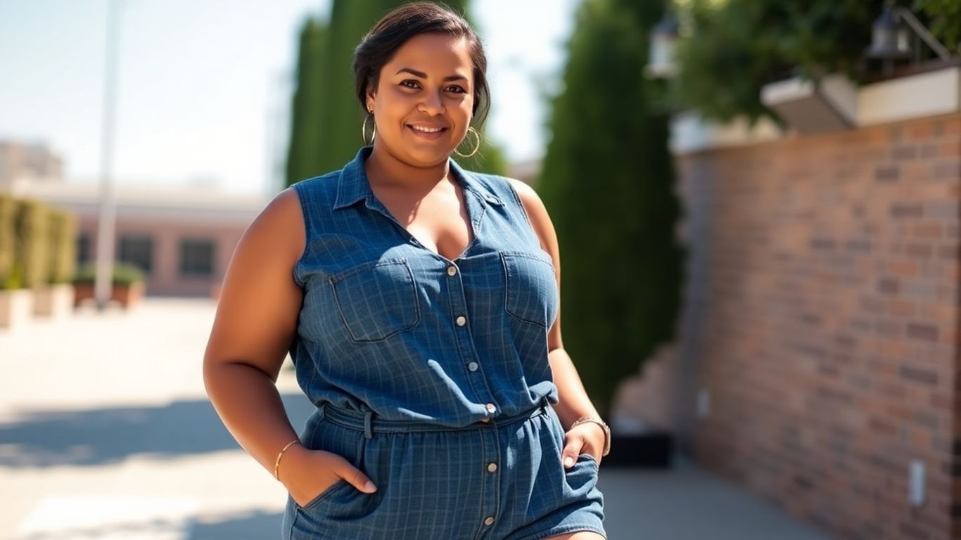 Plus size woman in a stylish denim romper