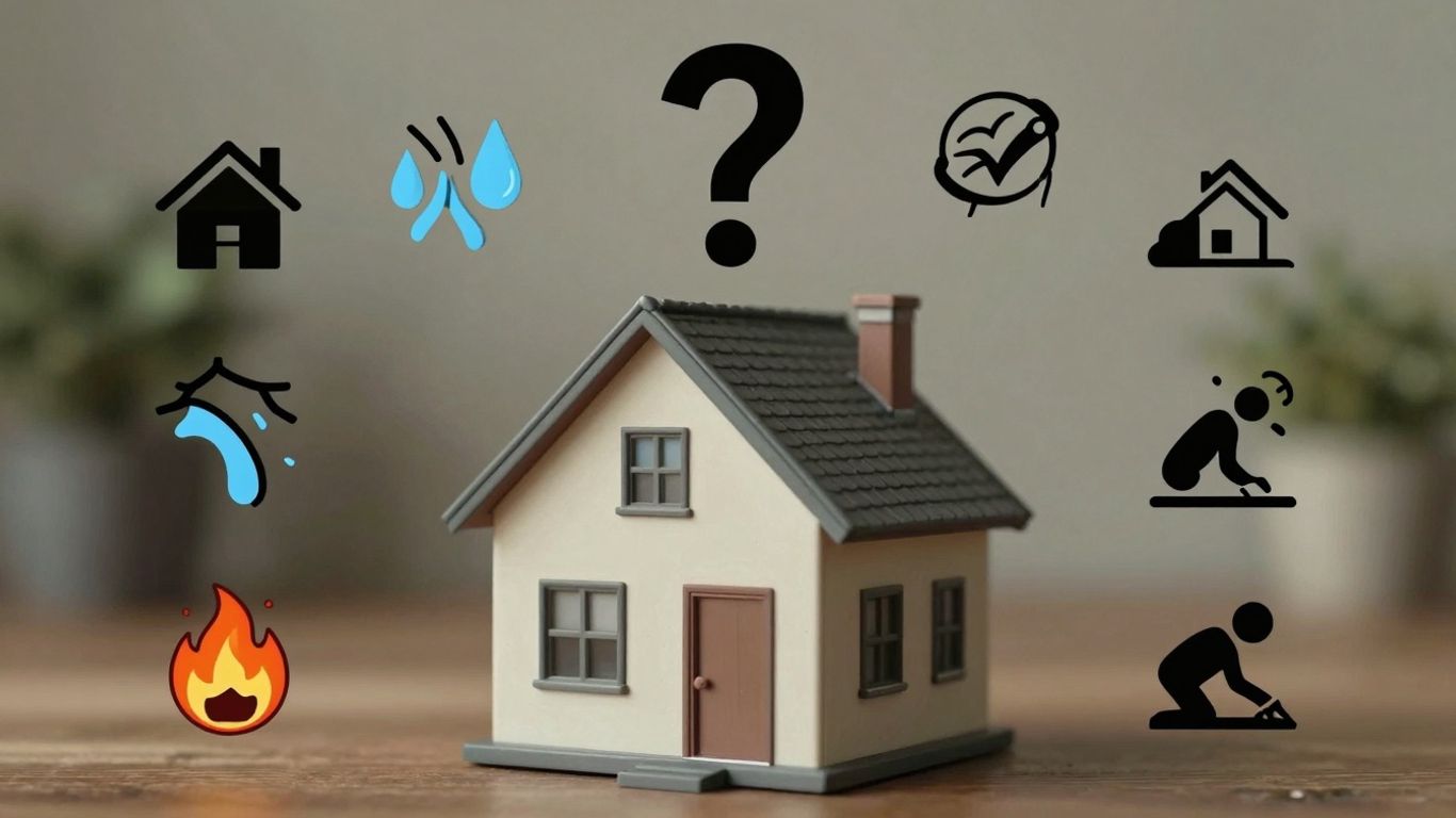 Casa con signo de interrogación y iconos de daños.