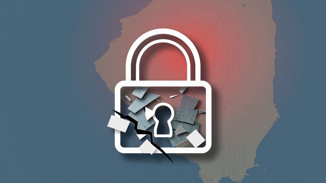 Illinois data breach, cracked digital lock, scattered data fragments.