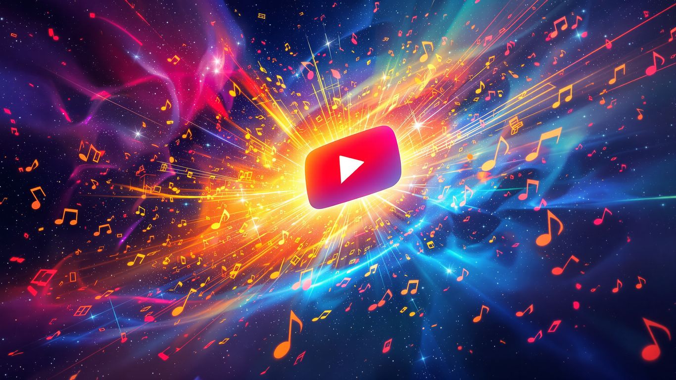 YouTube play button with musical notes and sound waves.