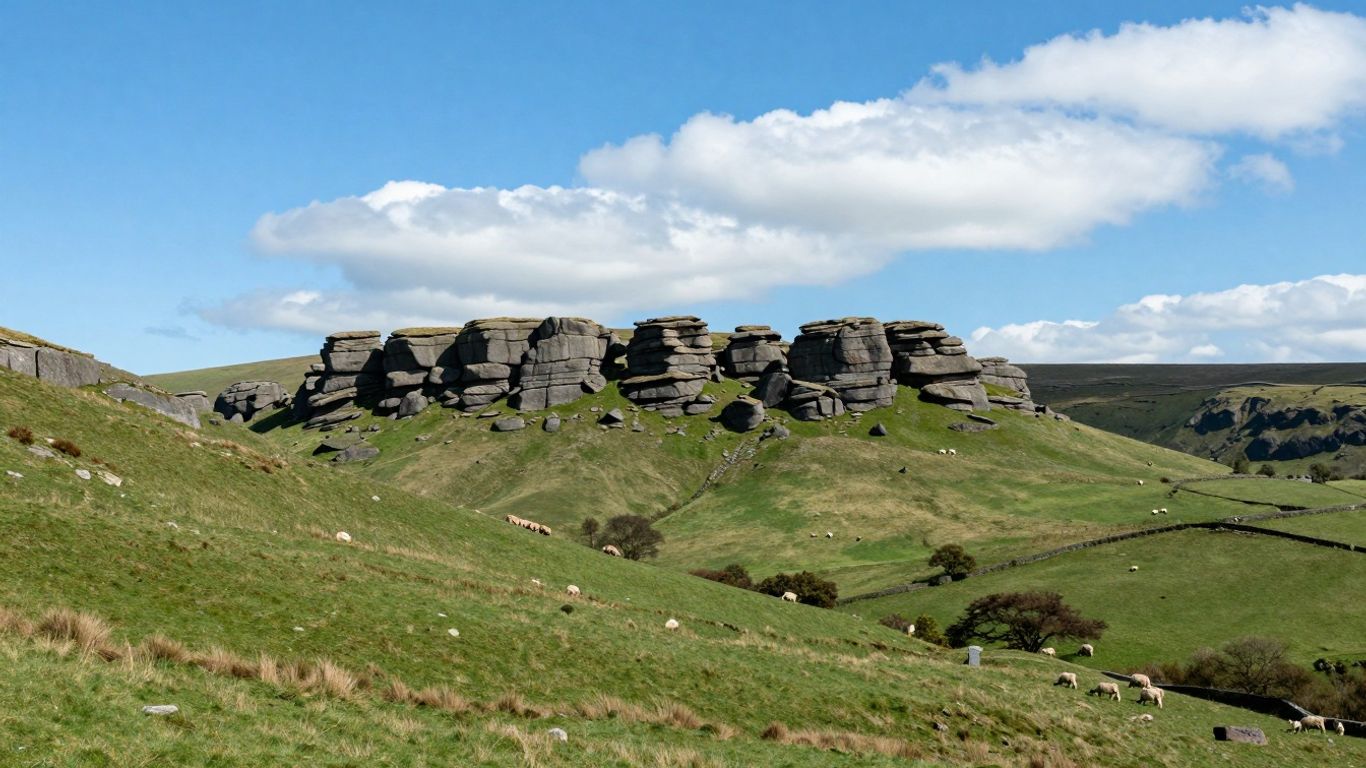 Peak District landscape with hills and sheep