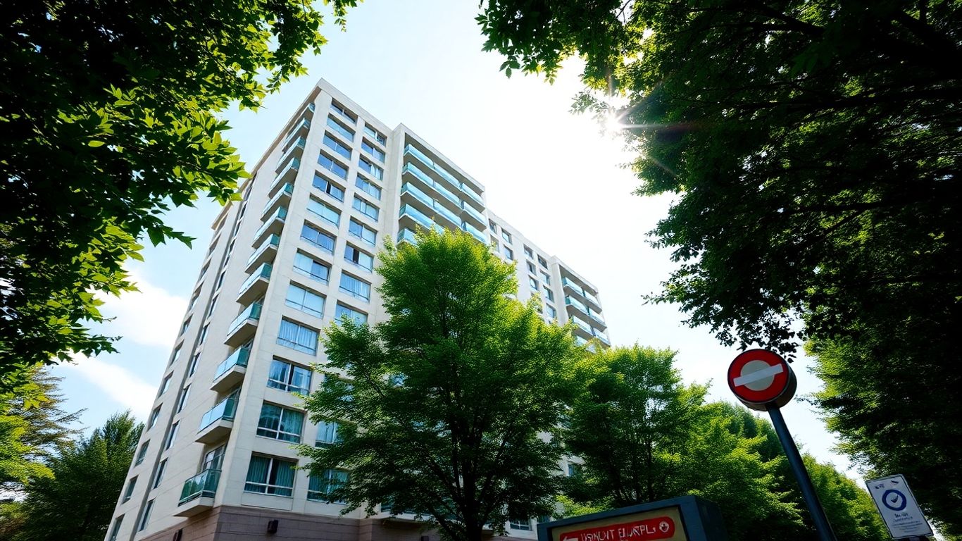 Apartament modern lângă stația de metrou, cu copaci verzi.