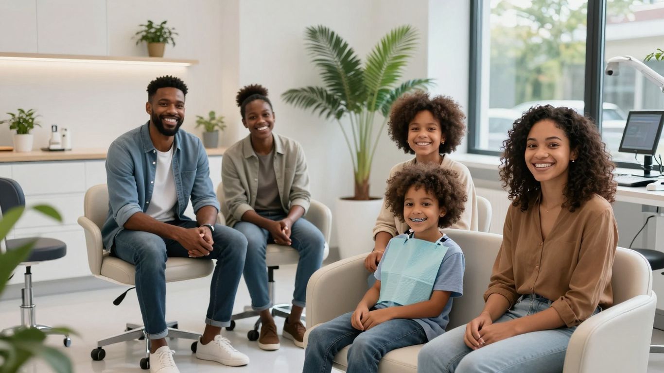 Family smiling with modern orthodontic treatment.