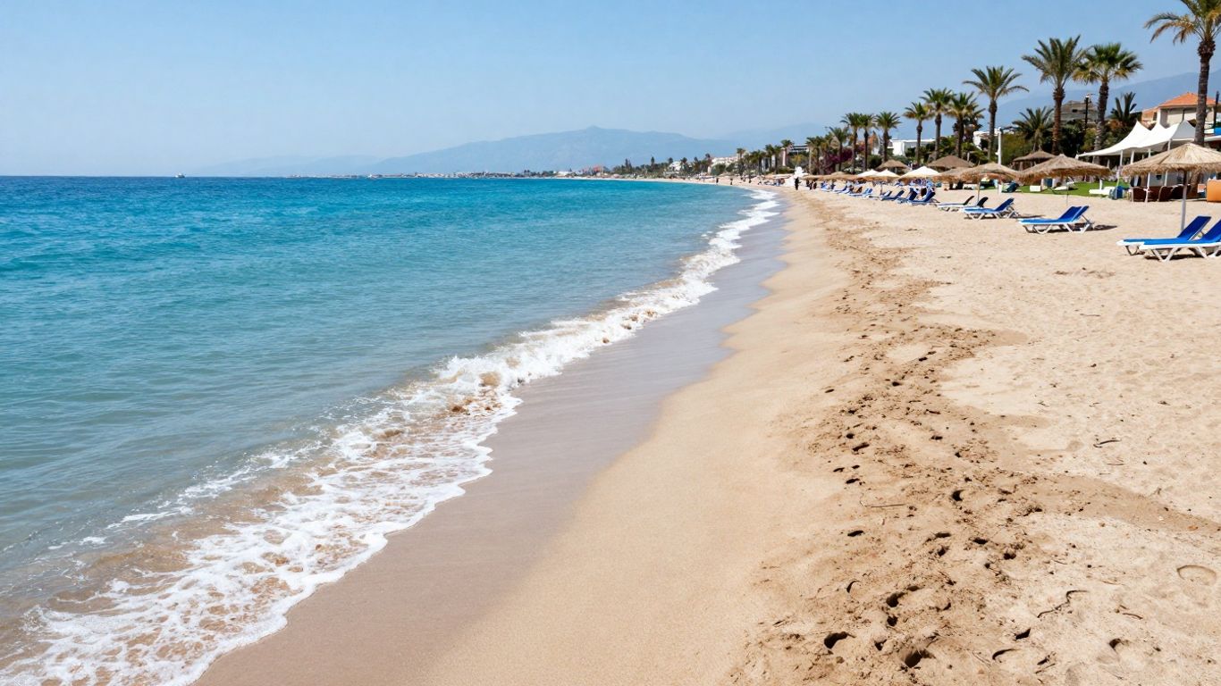 Antalya strand wordt kleiner, zee komt dichterbij.
