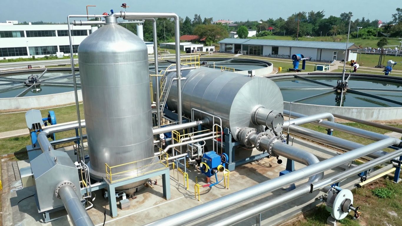 Modern water treatment plant expansion with complex machinery and pipes.