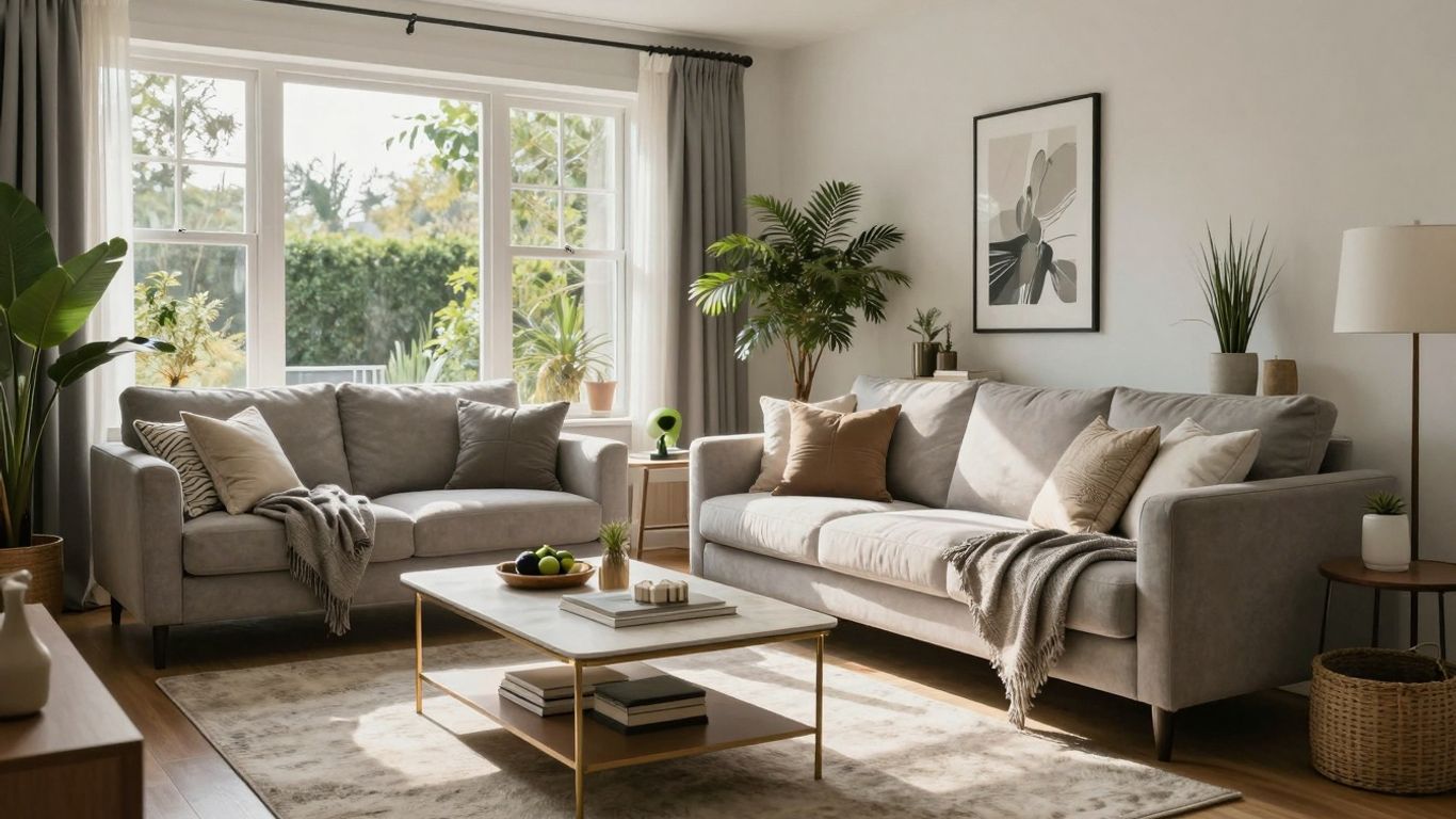 Modern living room interior with stylish furniture and decor.