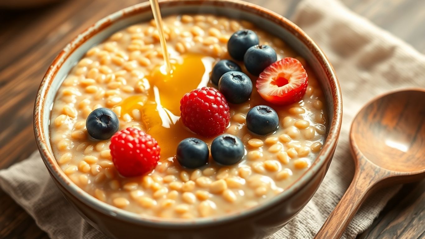 Bowl of buckwheat groats porridge with berries and honey.