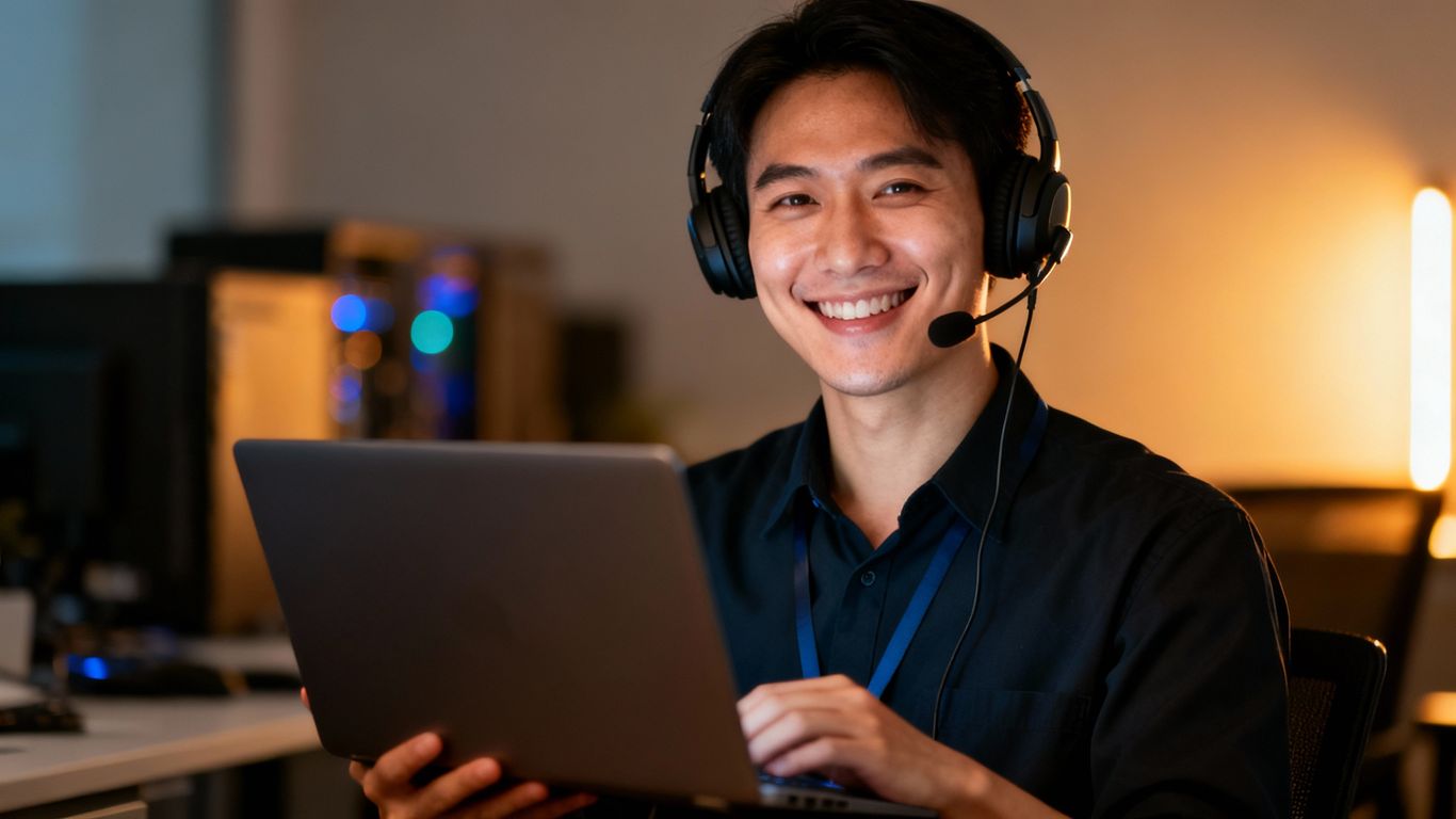 IT support technician with headset and laptop.