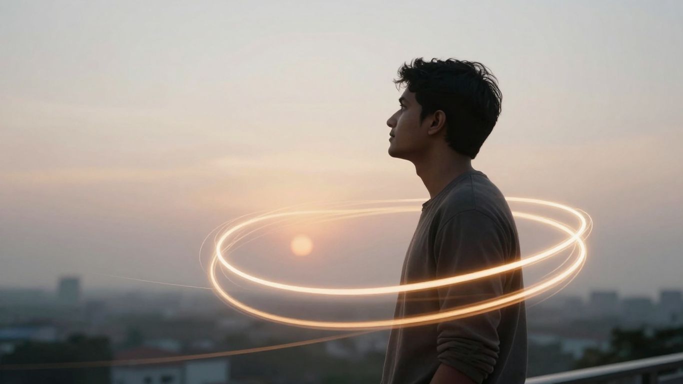 Person looking towards a bright future with abstract light trails.