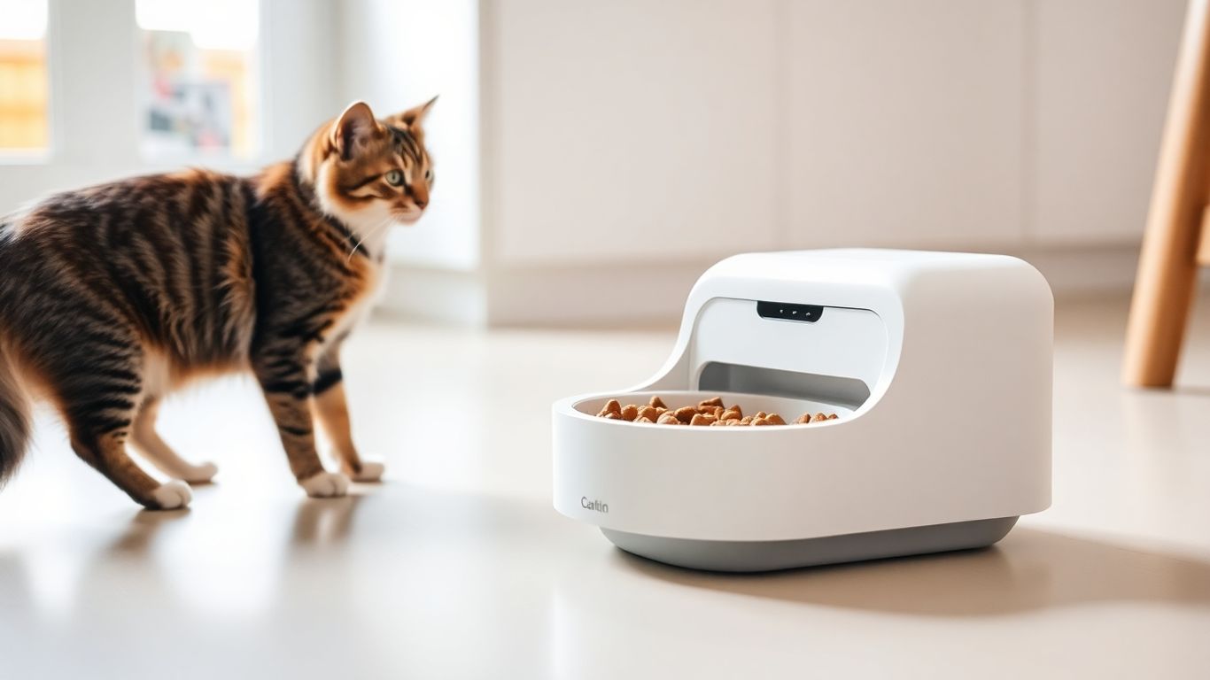 Cat feeder with cat approaching for food.