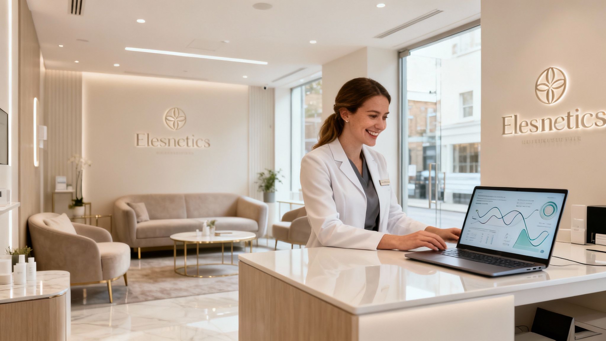 Clinic receptionist using a laptop with AI data visualizations.