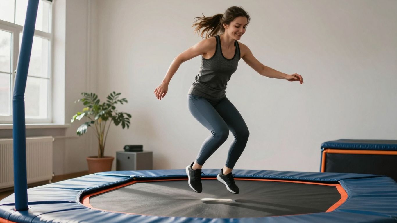 Woman bouncing on a trampoline, promoting lymphatic drainage.