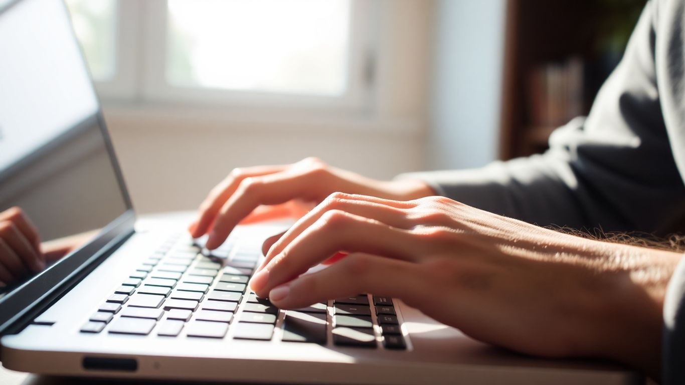 Hands typing on a laptop keyboard.