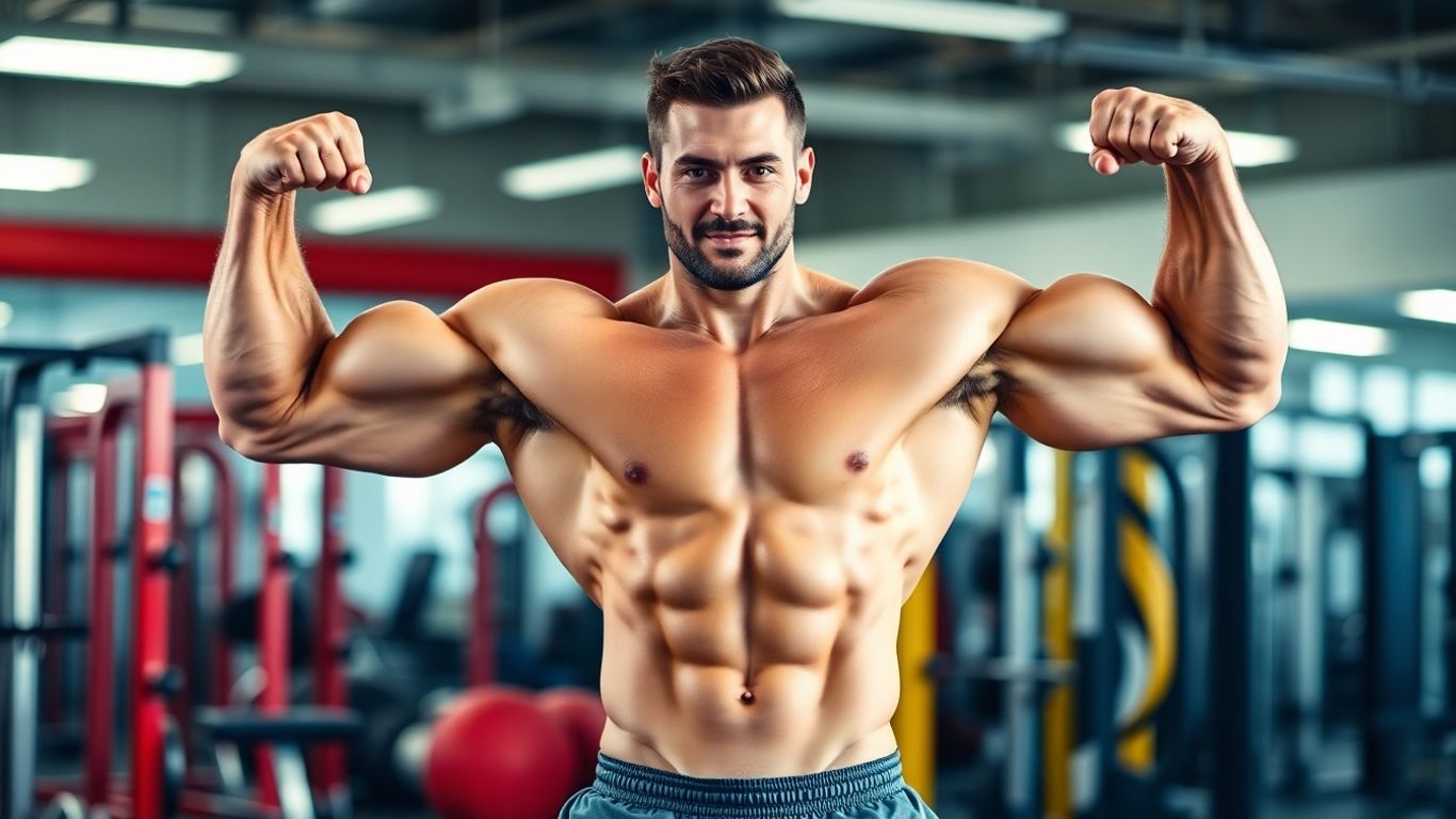 Muscular man flexing biceps, gym background.