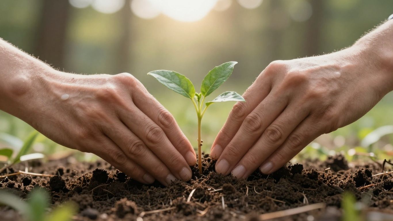 Hände pflanzen einen jungen Setzling in die Erde