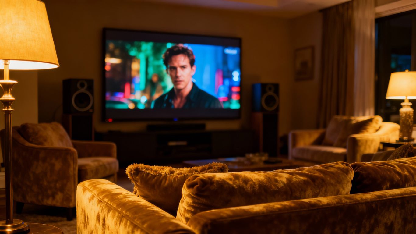 Home theater setup with large TV and comfortable seating.