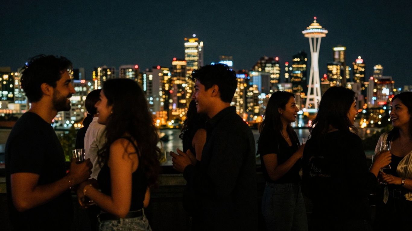 Seattle nightlife scene with people mingling.