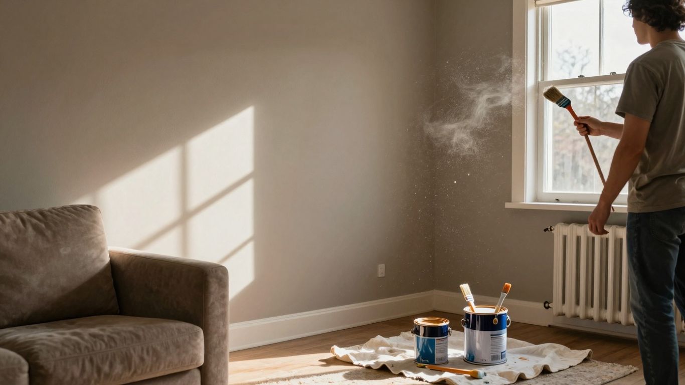 Person painting a wall indoors with low VOC paint.