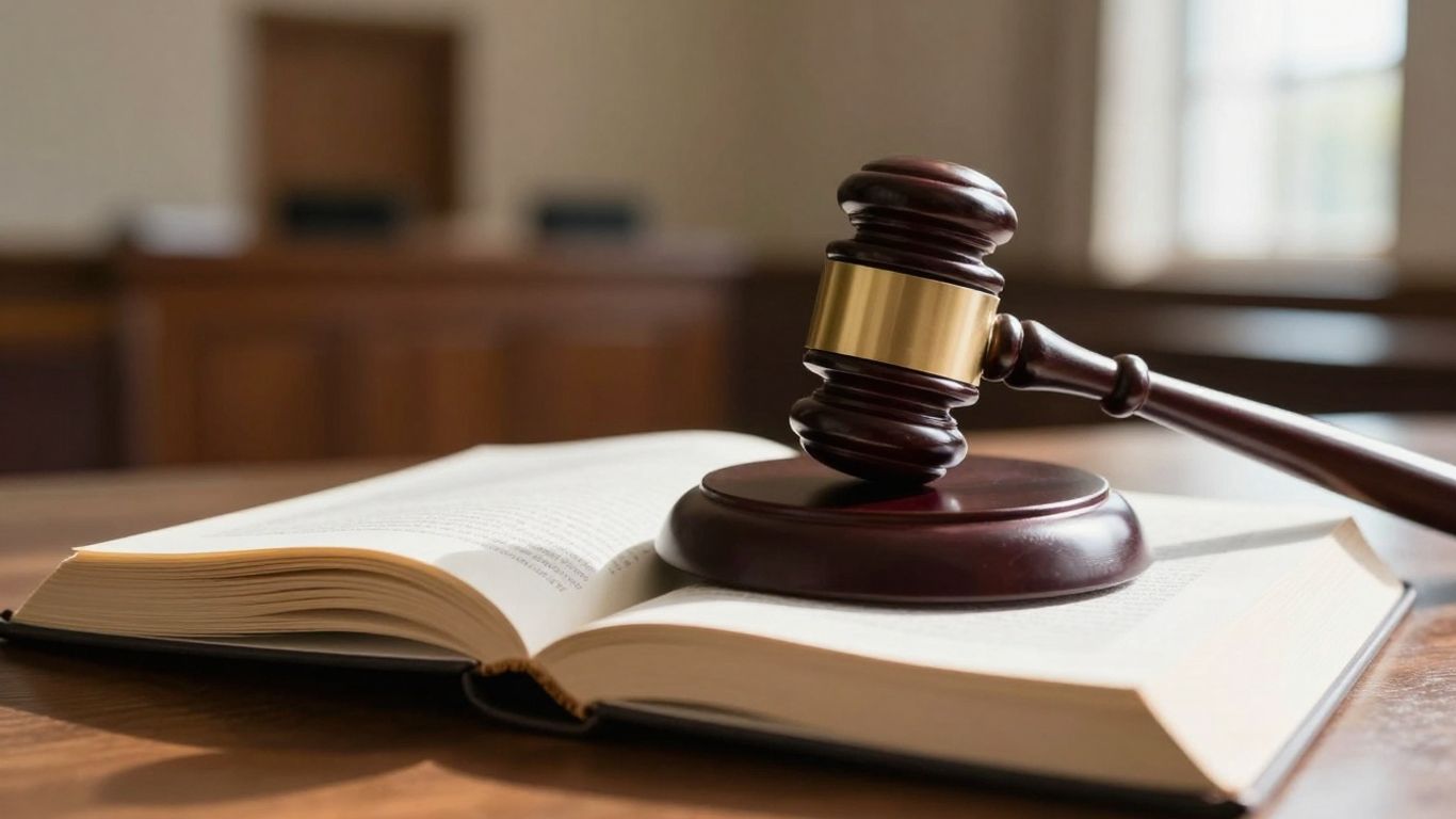 Gavel on a book, courthouse background.