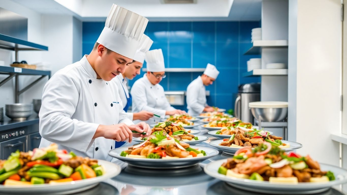 Catering-Personal arrangiert Speisen in einer modernen Küche mit blauen Akzenten.